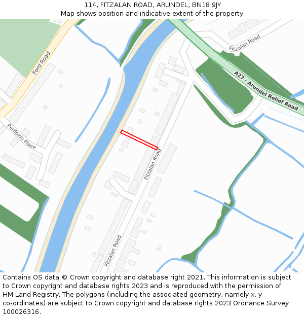 114, FITZALAN ROAD, ARUNDEL, BN18 9JY: Location map and indicative extent of plot
