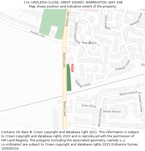 114, HADLEIGH CLOSE, GREAT SANKEY, WARRINGTON, WA5 3SB: Location map and indicative extent of plot