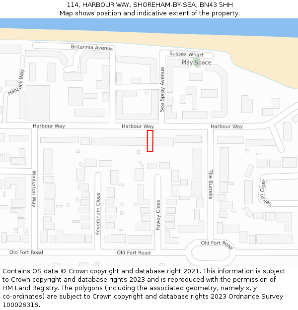 114, HARBOUR WAY, SHOREHAM-BY-SEA, BN43 5HH: Location map and indicative extent of plot