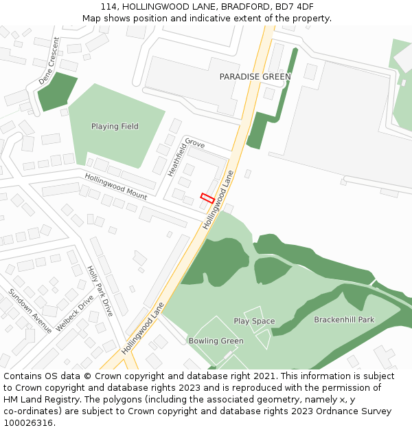 114, HOLLINGWOOD LANE, BRADFORD, BD7 4DF: Location map and indicative extent of plot