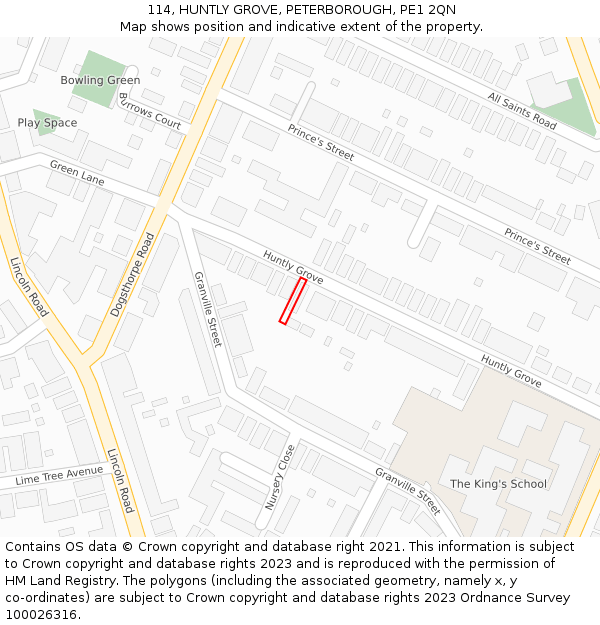114, HUNTLY GROVE, PETERBOROUGH, PE1 2QN: Location map and indicative extent of plot