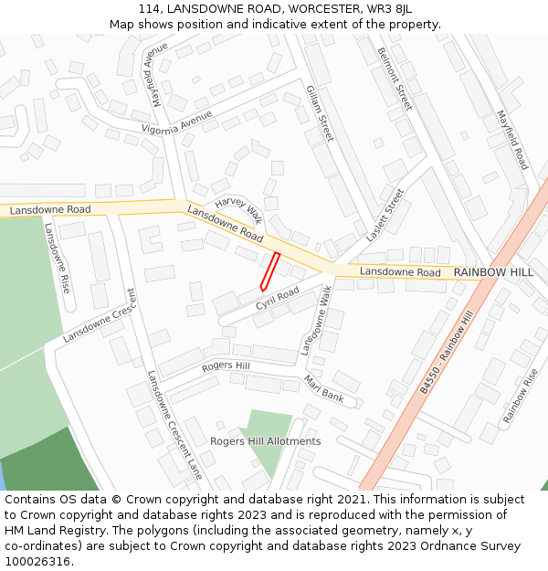 114, LANSDOWNE ROAD, WORCESTER, WR3 8JL: Location map and indicative extent of plot