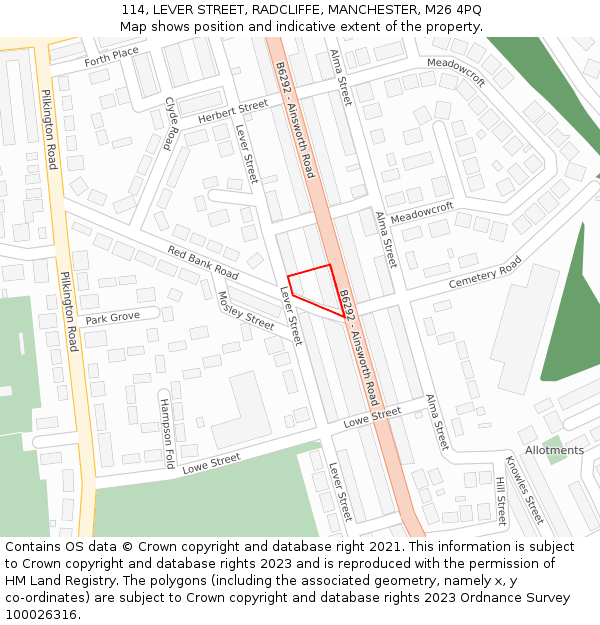 114, LEVER STREET, RADCLIFFE, MANCHESTER, M26 4PQ: Location map and indicative extent of plot