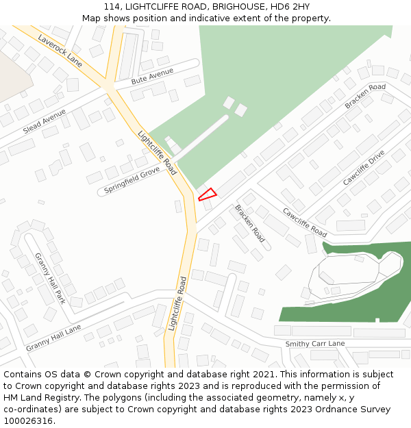 114, LIGHTCLIFFE ROAD, BRIGHOUSE, HD6 2HY: Location map and indicative extent of plot
