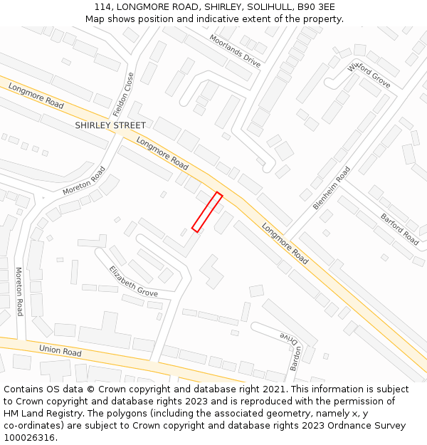 114, LONGMORE ROAD, SHIRLEY, SOLIHULL, B90 3EE: Location map and indicative extent of plot