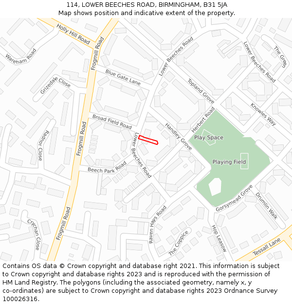 114, LOWER BEECHES ROAD, BIRMINGHAM, B31 5JA: Location map and indicative extent of plot