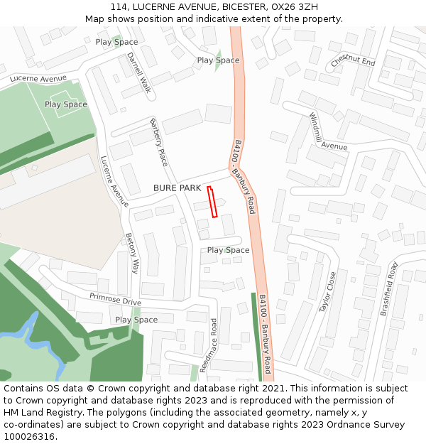 114, LUCERNE AVENUE, BICESTER, OX26 3ZH: Location map and indicative extent of plot