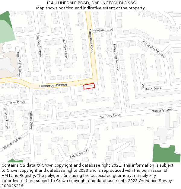 114, LUNEDALE ROAD, DARLINGTON, DL3 9AS: Location map and indicative extent of plot