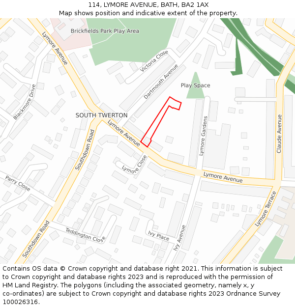 114, LYMORE AVENUE, BATH, BA2 1AX: Location map and indicative extent of plot