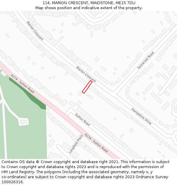 114, MARION CRESCENT, MAIDSTONE, ME15 7DU: Location map and indicative extent of plot
