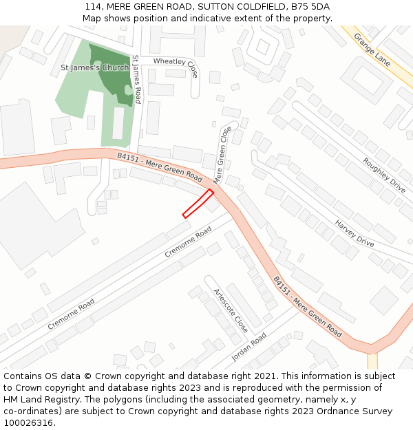 114, MERE GREEN ROAD, SUTTON COLDFIELD, B75 5DA: Location map and indicative extent of plot