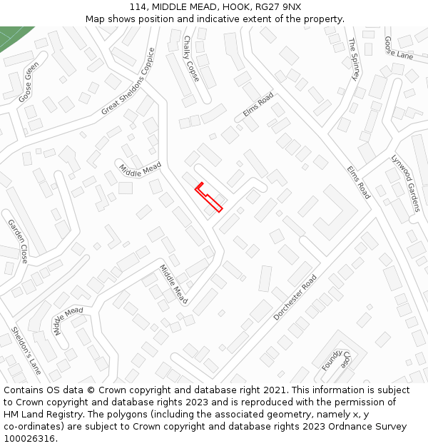 114, MIDDLE MEAD, HOOK, RG27 9NX: Location map and indicative extent of plot