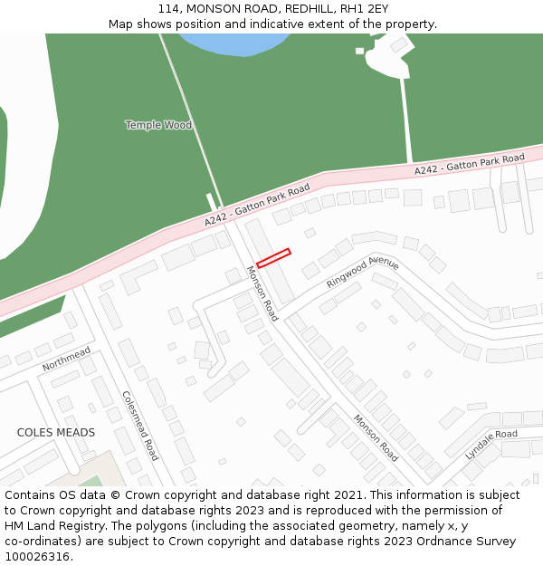 114, MONSON ROAD, REDHILL, RH1 2EY: Location map and indicative extent of plot