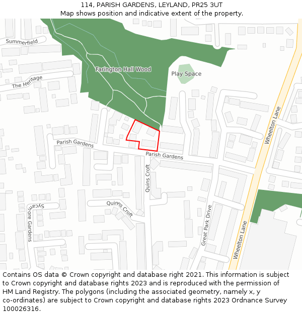 114, PARISH GARDENS, LEYLAND, PR25 3UT: Location map and indicative extent of plot