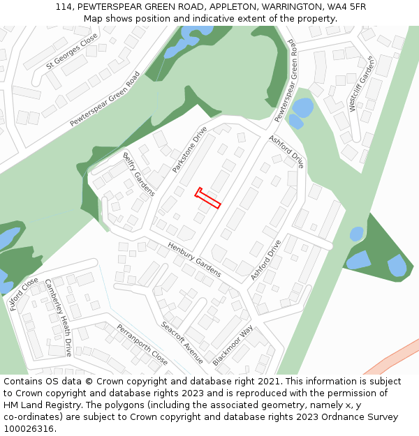 114, PEWTERSPEAR GREEN ROAD, APPLETON, WARRINGTON, WA4 5FR: Location map and indicative extent of plot