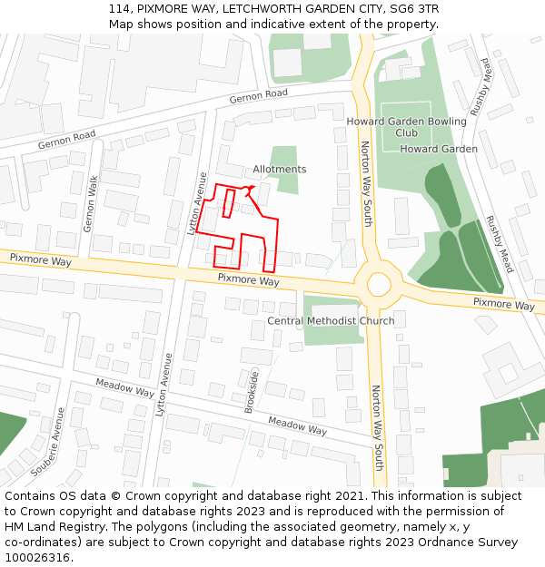 114, PIXMORE WAY, LETCHWORTH GARDEN CITY, SG6 3TR: Location map and indicative extent of plot