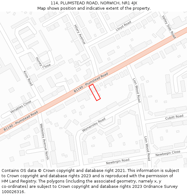 114, PLUMSTEAD ROAD, NORWICH, NR1 4JX: Location map and indicative extent of plot