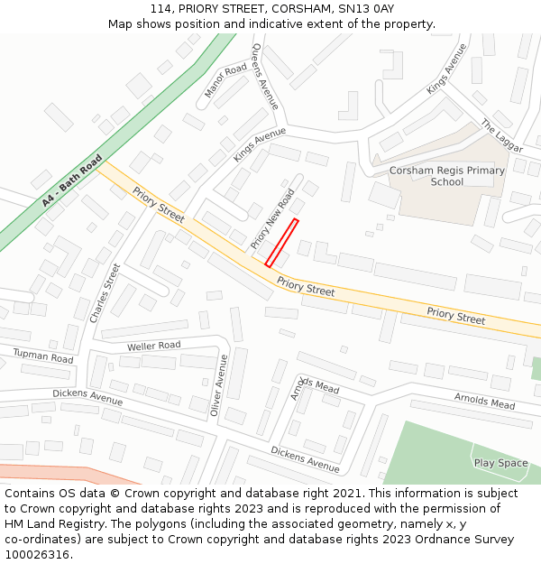 114, PRIORY STREET, CORSHAM, SN13 0AY: Location map and indicative extent of plot