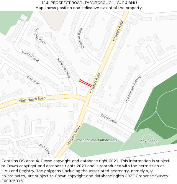 114, PROSPECT ROAD, FARNBOROUGH, GU14 8NU: Location map and indicative extent of plot