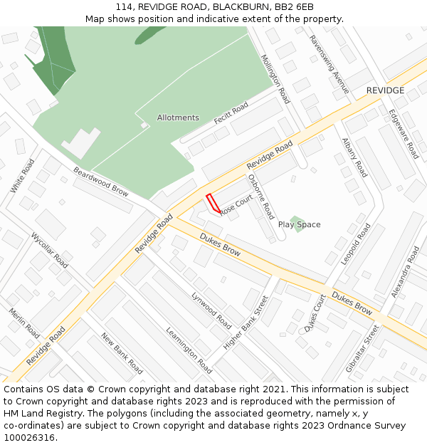 114, REVIDGE ROAD, BLACKBURN, BB2 6EB: Location map and indicative extent of plot