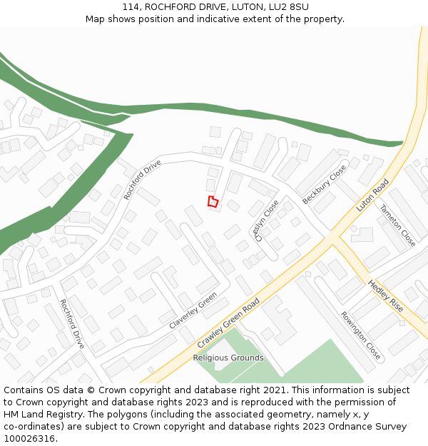 114, ROCHFORD DRIVE, LUTON, LU2 8SU: Location map and indicative extent of plot