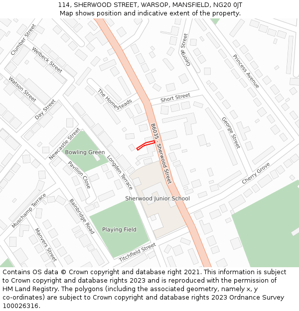 114, SHERWOOD STREET, WARSOP, MANSFIELD, NG20 0JT: Location map and indicative extent of plot