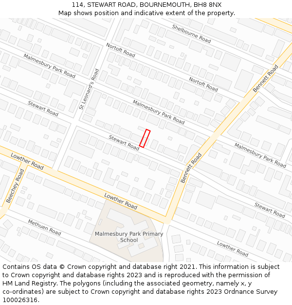 114, STEWART ROAD, BOURNEMOUTH, BH8 8NX: Location map and indicative extent of plot