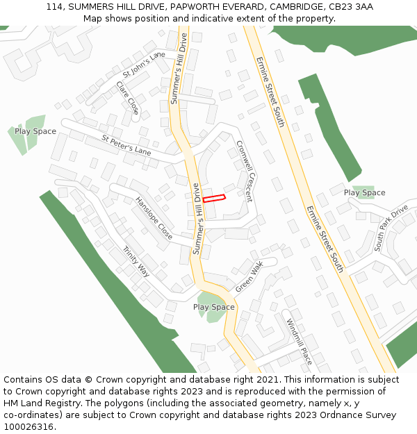 114, SUMMERS HILL DRIVE, PAPWORTH EVERARD, CAMBRIDGE, CB23 3AA: Location map and indicative extent of plot