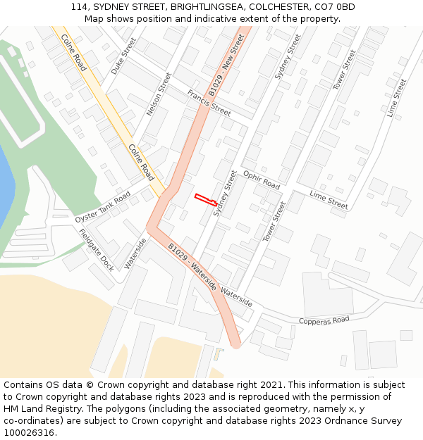 114, SYDNEY STREET, BRIGHTLINGSEA, COLCHESTER, CO7 0BD: Location map and indicative extent of plot