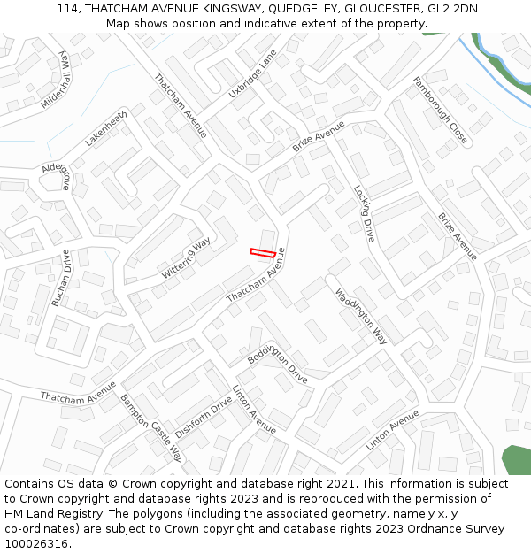 114, THATCHAM AVENUE KINGSWAY, QUEDGELEY, GLOUCESTER, GL2 2DN: Location map and indicative extent of plot