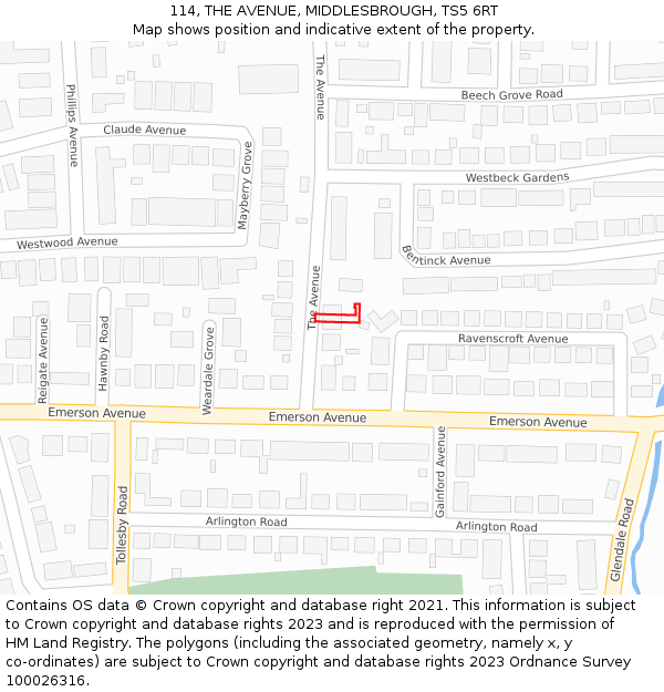 114, THE AVENUE, MIDDLESBROUGH, TS5 6RT: Location map and indicative extent of plot