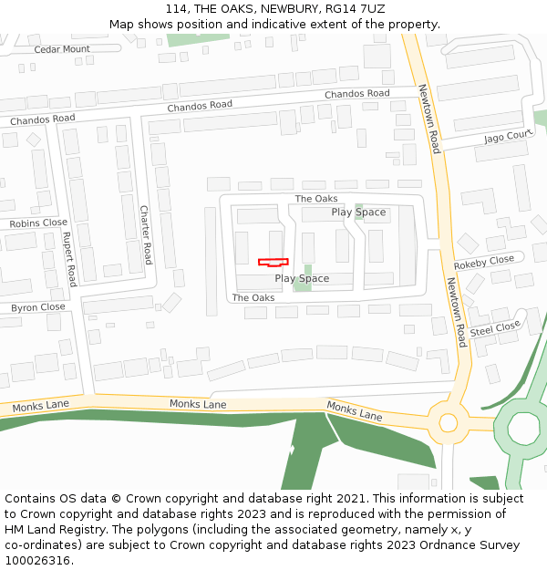 114, THE OAKS, NEWBURY, RG14 7UZ: Location map and indicative extent of plot