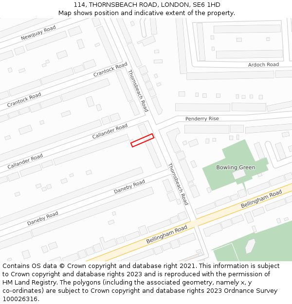 114, THORNSBEACH ROAD, LONDON, SE6 1HD: Location map and indicative extent of plot