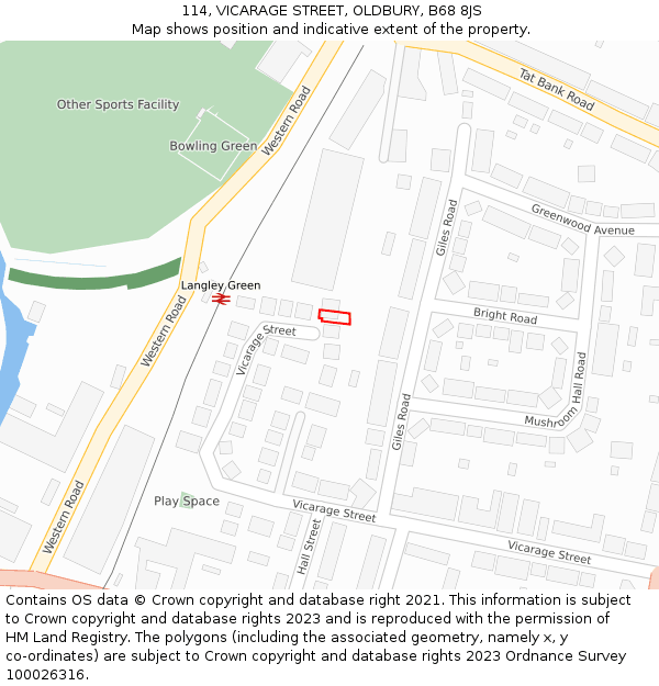 114, VICARAGE STREET, OLDBURY, B68 8JS: Location map and indicative extent of plot