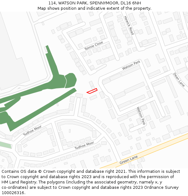 114, WATSON PARK, SPENNYMOOR, DL16 6NH: Location map and indicative extent of plot