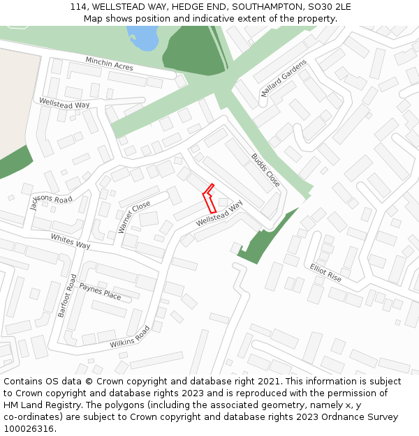 114, WELLSTEAD WAY, HEDGE END, SOUTHAMPTON, SO30 2LE: Location map and indicative extent of plot
