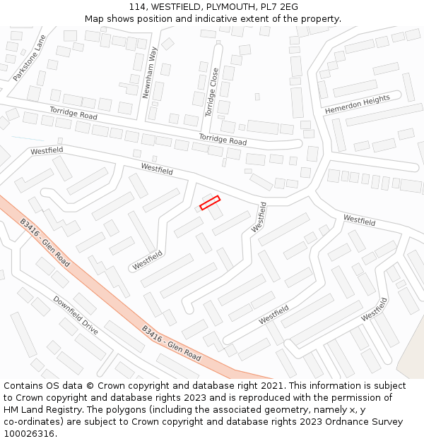 114, WESTFIELD, PLYMOUTH, PL7 2EG: Location map and indicative extent of plot