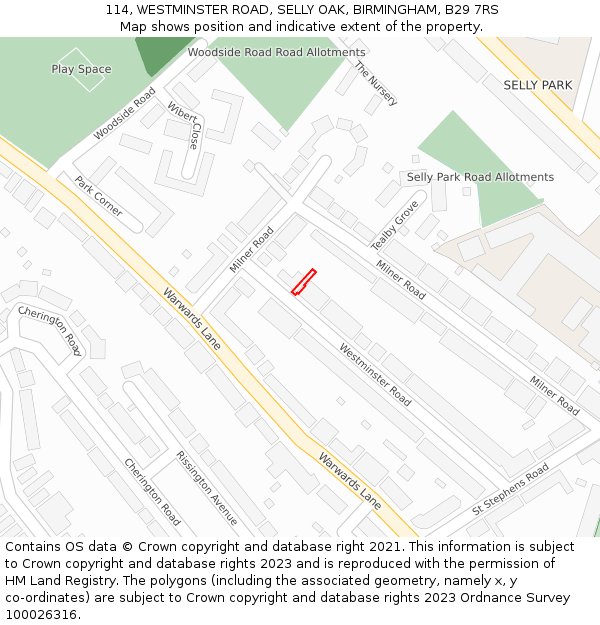 114, WESTMINSTER ROAD, SELLY OAK, BIRMINGHAM, B29 7RS: Location map and indicative extent of plot