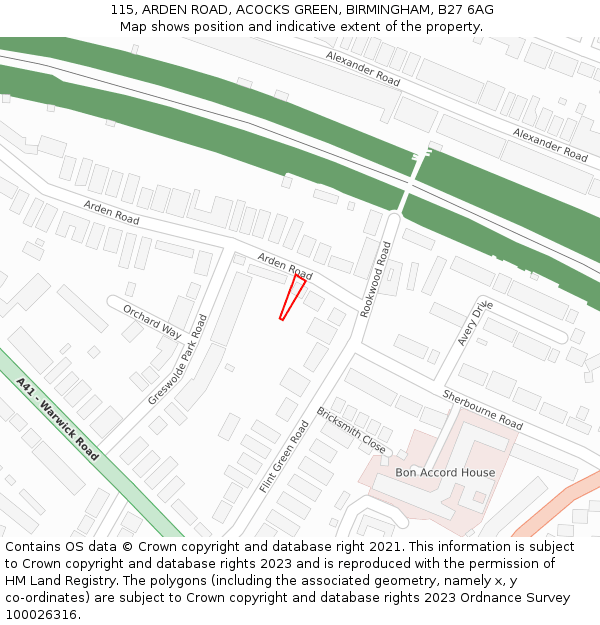 115, ARDEN ROAD, ACOCKS GREEN, BIRMINGHAM, B27 6AG: Location map and indicative extent of plot