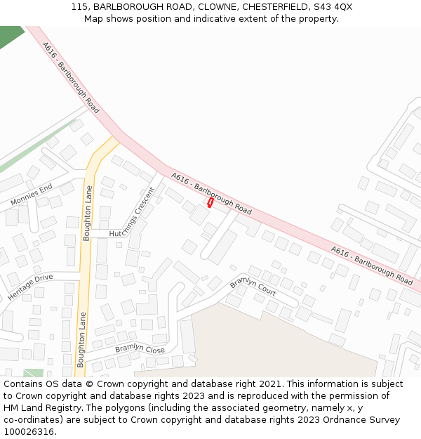 115, BARLBOROUGH ROAD, CLOWNE, CHESTERFIELD, S43 4QX: Location map and indicative extent of plot