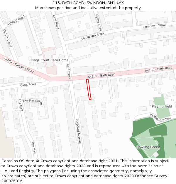 115, BATH ROAD, SWINDON, SN1 4AX: Location map and indicative extent of plot
