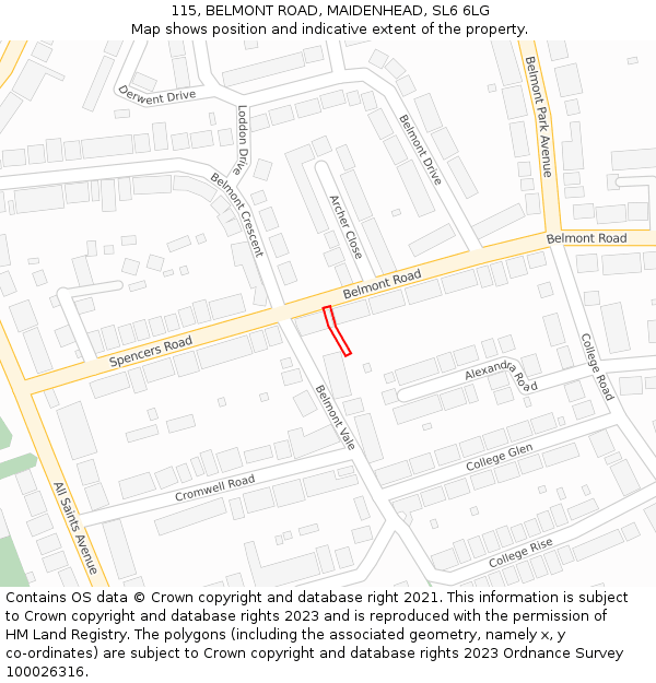 115, BELMONT ROAD, MAIDENHEAD, SL6 6LG: Location map and indicative extent of plot