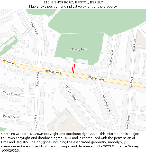 115, BISHOP ROAD, BRISTOL, BS7 8LX: Location map and indicative extent of plot
