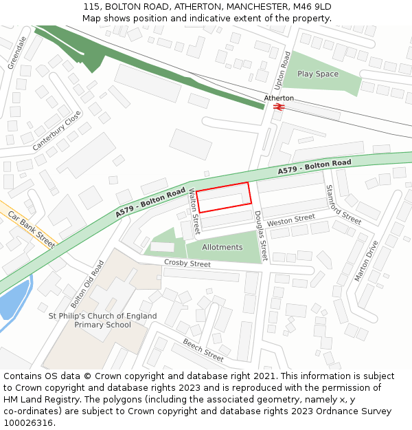 115, BOLTON ROAD, ATHERTON, MANCHESTER, M46 9LD: Location map and indicative extent of plot