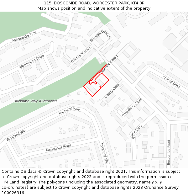 115, BOSCOMBE ROAD, WORCESTER PARK, KT4 8PJ: Location map and indicative extent of plot