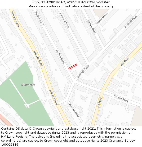 115, BRUFORD ROAD, WOLVERHAMPTON, WV3 0AY: Location map and indicative extent of plot