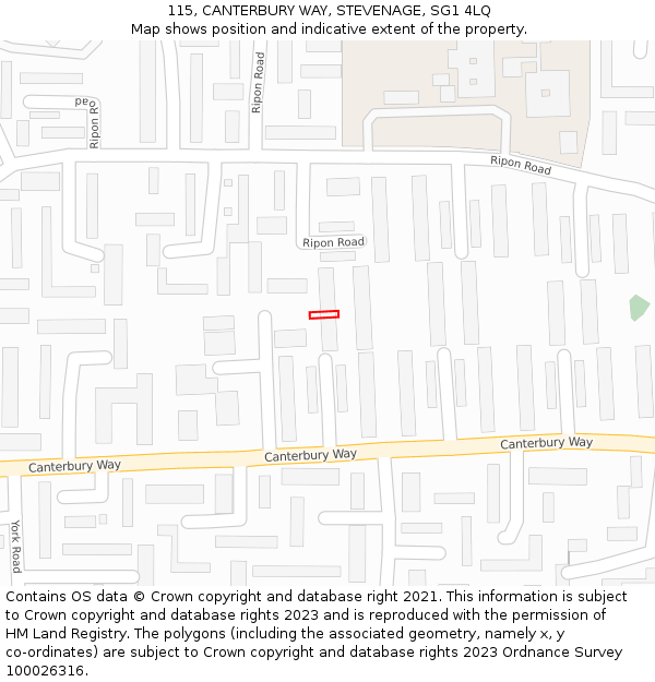 115, CANTERBURY WAY, STEVENAGE, SG1 4LQ: Location map and indicative extent of plot