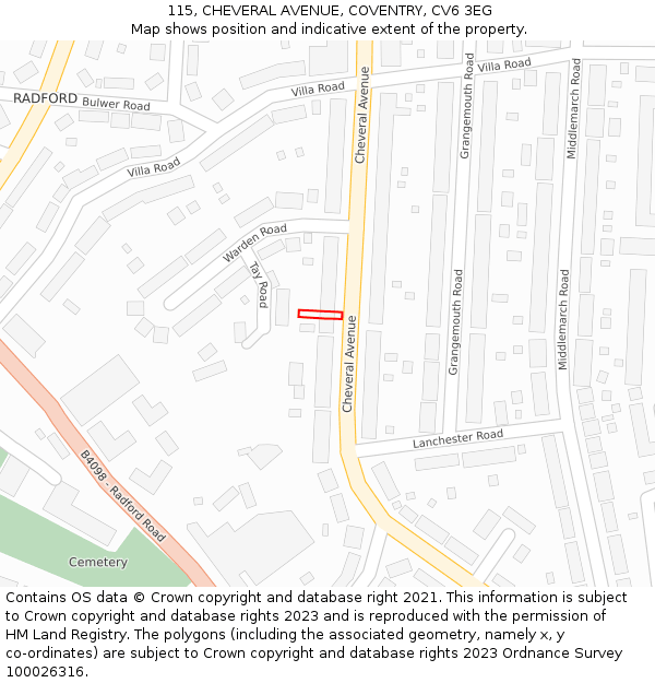 115, CHEVERAL AVENUE, COVENTRY, CV6 3EG: Location map and indicative extent of plot