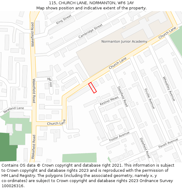 115, CHURCH LANE, NORMANTON, WF6 1AY: Location map and indicative extent of plot
