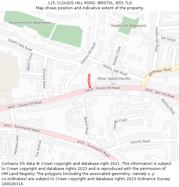 115, CLOUDS HILL ROAD, BRISTOL, BS5 7LG: Location map and indicative extent of plot